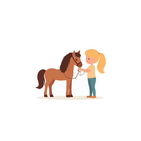 A charming illustration depicts a young girl tenderly interacting with her pony, creating a heartwarming portrayal of childhood innocence and gentle companionship. The scene radiates affection,のイラスト素材