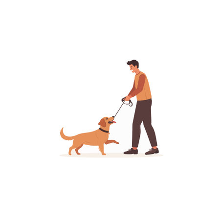 A man walking happily with his golden retriever dog on a leash creating a picture of companionship, health, and enjoyment outdoors, showcasing a genuine bond between humans and animals in sharedのイラスト素材
