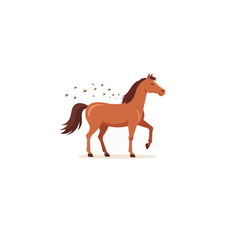 A visually appealing illustration of a brown horse gracefully positioned against a pristine backdrop, seemingly undisturbed by the myriad of tiny flying insects encircling it creating a whimsicalのイラスト素材