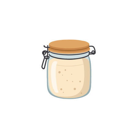 A charming illustration showcases a bubbly sourdough starter nestled within a glass jar, epitomizing the artisanal process of baking. Highlighting the essence of homemade goodness and the beauty ofのイラスト素材