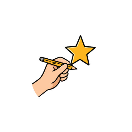 A graphic illustration shows a hand holding a pencil touching a bright yellow star, representing concepts like success, achievement, excellence, and creative assessment. This simple, engaging designのイラスト素材