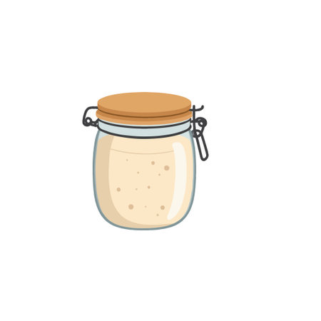 A minimalist illustration depicting a sourdough starter in a clamped glass jar. Bubbles indicate the fermentation process, essential for baking. This versatile image is ideal for cooking blogs,のイラスト素材