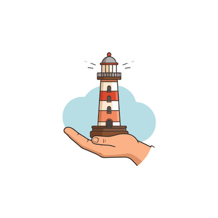 This conceptual illustration features a lighthouse held in a hand, symbolizing guidance, safety, and support. Representing maritime themes and coastal navigation, it evokes a sense of explorationのイラスト素材