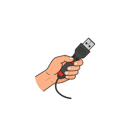 An illustration features a human hand gripping a black USB connector cable offering connectivity solutions. The image emphasizes the technological aspect of digital integration and communication,のイラスト素材