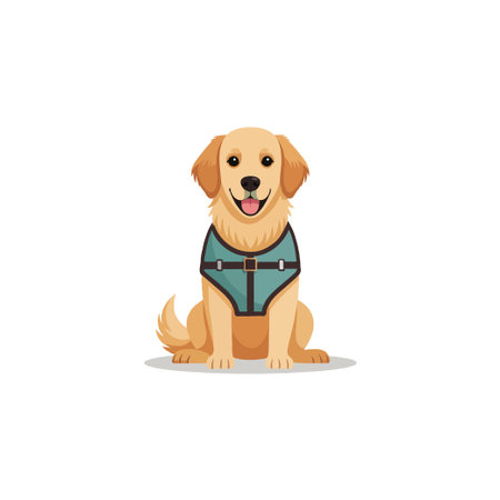 A delightful illustration presents a golden retriever seated calmly and wearing a stylish vest. The cartoon animal has a warm and friendly expression. This is an engaging and pleasant depiction forのイラスト素材