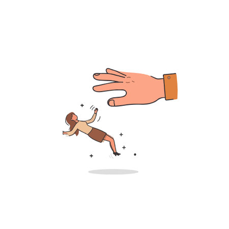 A stylized illustration portrays a businesswoman losing her balance, as a giant hand looms over her, suggesting a feeling of being overwhelmed by control, pressure, and challenges in the workplaceのイラスト素材