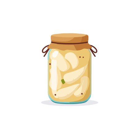 A charming illustration depicts a glass jar brimming with carefully pickled fruits, immersed in a light-colored brine. The scene evokes images of homemade preservation, highlighting the beauty andのイラスト素材
