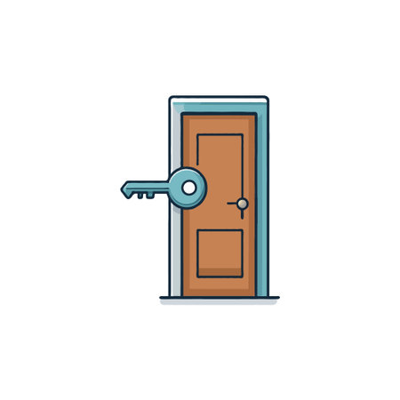This illustration features a key unlocking a wooden door, representing concepts like access, security, and opportunity. It embodies a secure entry, offering safety and privacy within a minimalistのイラスト素材