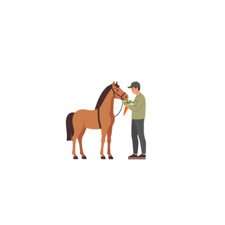 A heartwarming scene depicts a man carefully offering carrots to a handsome tan horse. This gesture fosters a bond of trust and affection, highlighting the beauty of human-animal interactions andのイラスト素材