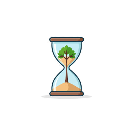 A stylized illustration depicts an hourglass filled with sand, but unusually, a flourishing tree is growing within. The image conveys a symbolic representation of time nurturing growth, suggestingのイラスト素材