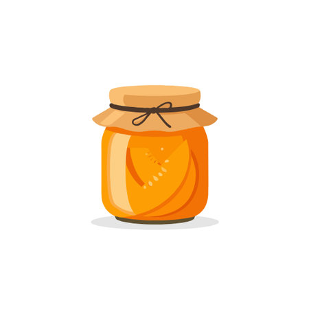 A charming illustration of homemade melon preserve, capturing the essence of autumn's harvest. A glass jar, carefully sealed, protects the sweet fruit slices inside, promising a delicious andのイラスト素材