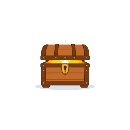 A cartoon illustration depicts a weathered wooden treasure chest, its lid slightly ajar. Golden...