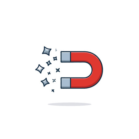 A simple yet visually striking illustration of a red horseshoe magnet emitting star-shaped particles, conceptually representing the power of attraction and magnetic force. The design emphasizesのイラスト素材
