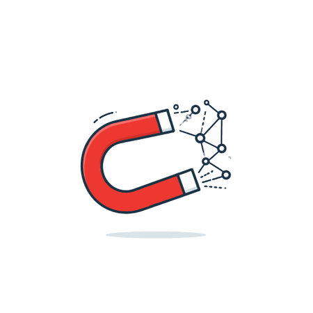 A stylized illustration depicting a red horseshoe magnet attracting interconnected network nodes. It signifies the power of attraction influence and data aggregation within a digital landscapeのイラスト素材