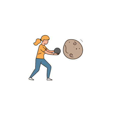 Illustration of a young girl playfully throwing a small ball towards a bigger sphere. The cartoon style conveys a sense of childlike wonder and determination. Depicts a fun moment of activity with aのイラスト素材