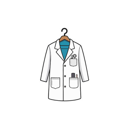 A clean, crisp white doctor's coat hangs neatly from a wooden hanger, suggesting a healthcare professional or someone involved in scientific pursuit. The coat features detailed pockets, aのイラスト素材