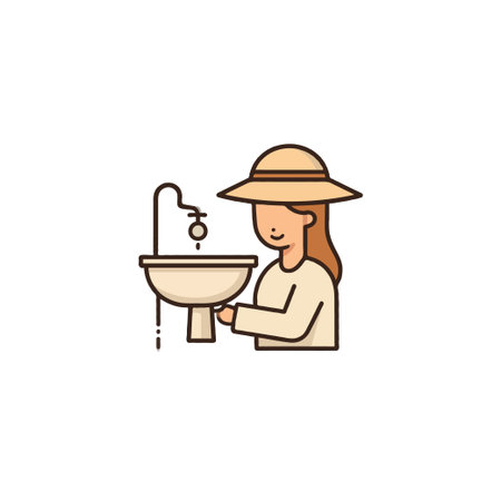 A delightful illustration portrays a female figure diligently washing her hands at a basin, emphasizing the importance of hygiene and water conservation. It is a visual reminder of safeguardingのイラスト素材