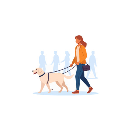 A woman confidently walks her assistance dog through a blurred crowd, symbolizing independence and support for people with disabilities. The vector illustration portrays responsible pet ownership,のイラスト素材