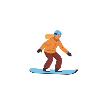 This cartoon style illustration depicts a person enjoying snowboarding during the winter season. The cheerful athlete is shown riding down a snowy slope, highlighting the thrilling and recreationalのイラスト素材