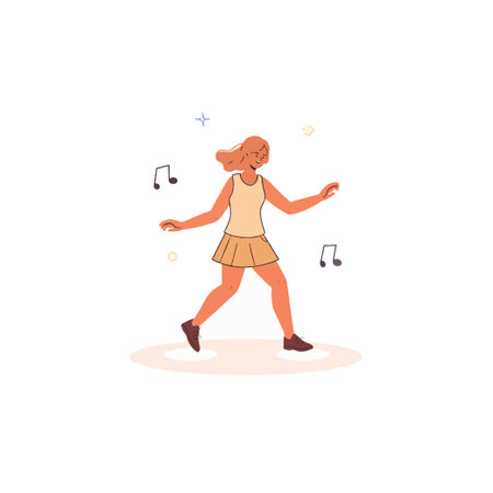 A joyful illustration depicting a woman dancing freely with music notes floating around her. The image conveys happiness, carefree expression, and the simple pleasure of enjoying music, made withのイラスト素材