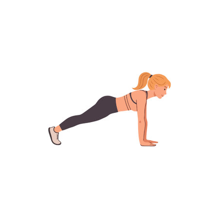 A focused young woman is captured in the plank position, showcasing core strength and bodyweight control. This image emphasizes fitness training, health, vitality, and determination, highlightingのイラスト素材