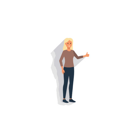 Isolated illustration of a blond-haired woman giving a thumbs-up gesture, conveying positivity and approval. Dressed in casual clothing, she stands against a white background, exuding a confidentのイラスト素材