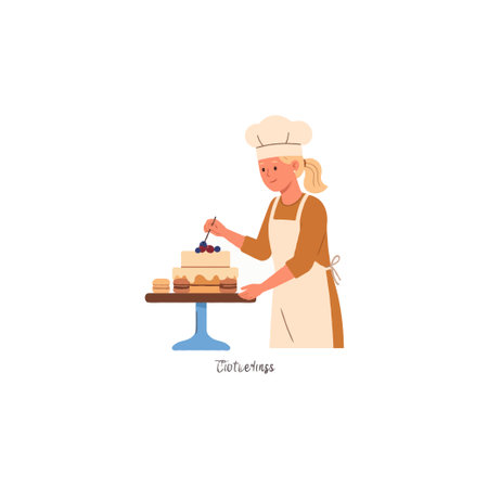A skilled young baker in a chef's hat and apron delicately decorates a layered cake, showcasing her precision and passion for pastry creation with artistic presentation, making it an appealing treat.のイラスト素材