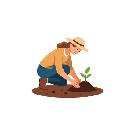 Illustration of a woman planting a small seedling. The image captures the essence of growth, sustainability, and environmental care, showing a dedication to nurturing the earth. The serene sceneのイラスト素材