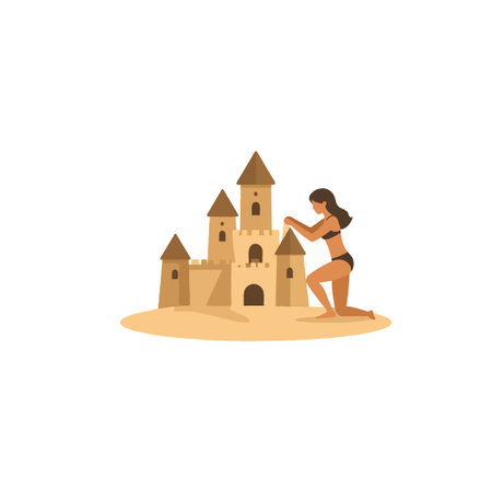 A vector illustration shows a woman in swimwear building a sandcastle on a sunny beach. The simple, flat design conveys relaxation and enjoyment, highlighting leisure activities and seaside travelのイラスト素材