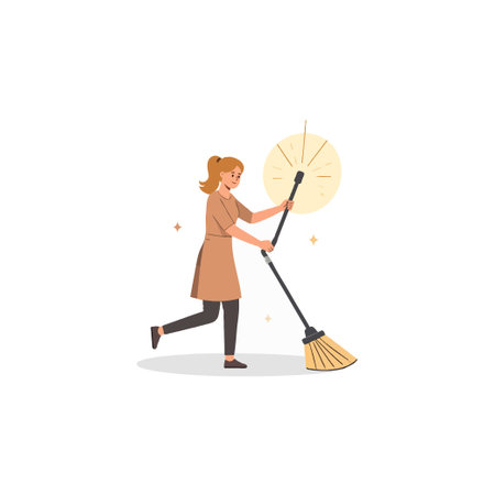 This illustration presents a woman engaged in sweeping, radiating cleanliness and order. Ideal for...