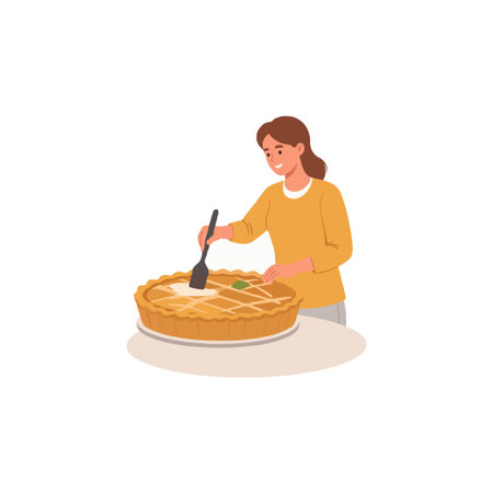 A smiling woman meticulously scores a golden apple pie with a fork, showing her dedication to the baking process. The scene captures the warmth of a home kitchen, emphasizing the joy and loveのイラスト素材