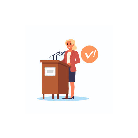 An illustration shows a confident woman expertly delivering a speech at a podium. She embodies effective communication, engaging audiences during a business event. The formal setting highlights herのイラスト素材