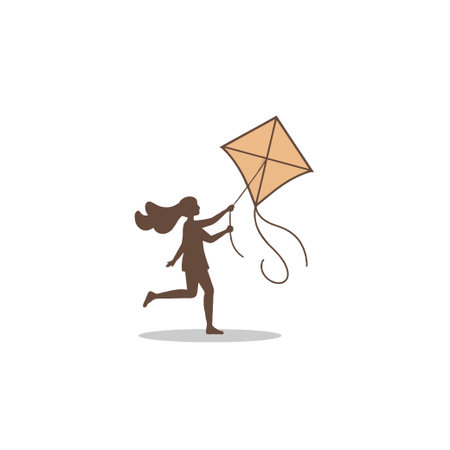 A minimalist silhouette illustration shows a young woman joyfully running and holding a geometric kite aloft. The brown tones and clean lines evoke a sense of freedom, childhood playfulness, and theのイラスト素材