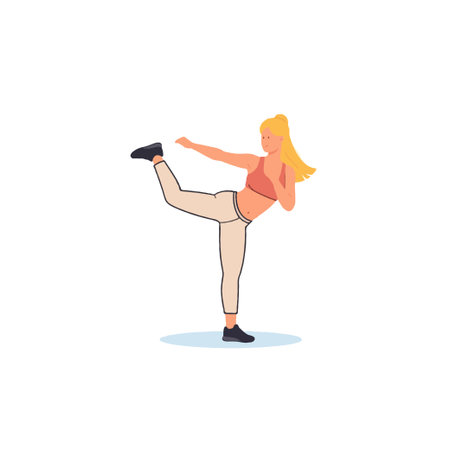 A modern illustration featuring a woman in a martial arts stance. Ideal for conveying themes of fitness, self-defense, and active lifestyles, emphasizing strength, balance, and determination. Thisのイラスト素材