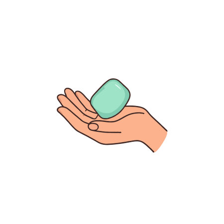 An illustration shows a human hand offering a bar of hygiene product. The visual emphasizes the importance of sanitation. It's a representation of personal care, health maintenance, and germのイラスト素材