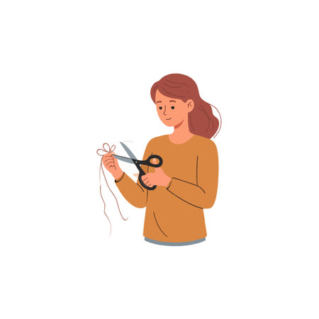 A young woman delicately trims a flower with scissors, her focused expression suggesting a creative pursuit. This image captures a serene moment of handcrafting, perfect for illustrating hobbies,のイラスト素材