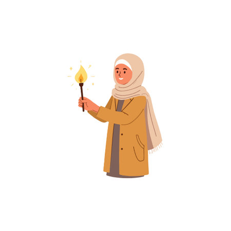 An illustration showcases a woman adorned in a hijab gently holding a flame, radiating warmth and hope. The artwork evokes a sense of serenity and quiet strength, celebrating cultural representationのイラスト素材