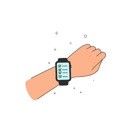 Digital illustration showcasing a smartwatch on a wrist. The watch's screen displays a checklist, visually representing organization, productivity, and modern technological aids for managing dailyのイラスト素材