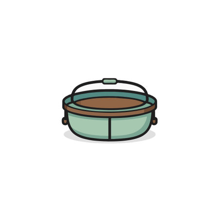 An appealing illustration portrays a stylized cauldron with a muted color scheme. Perfect for various projects needing a touch of vintage kitchenware or magical fantasy elements, the design combinesのイラスト素材