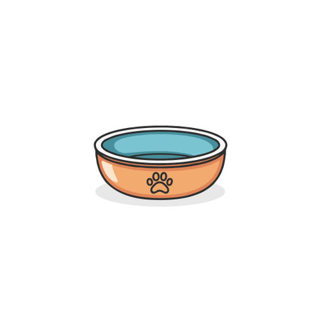 A charming and simple illustration of a light orange pet bowl, filled with blue water, set against a plain white background, symbolizing pet care, ideal for animal care design, and representingのイラスト素材