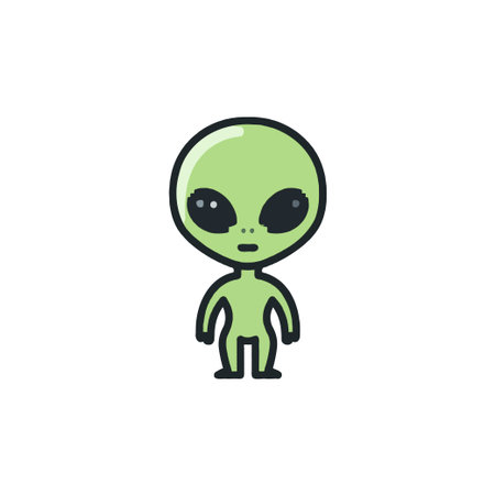 A cheerful and inviting illustration featuring a cute green alien character. Its large, expressive...