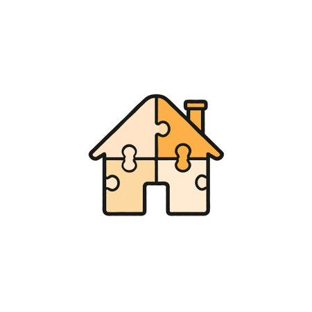A minimalist illustration featuring a house shaped like a puzzle, emphasizing themes of unity and solution. Symbolic depiction of real estate and the construction industry, hinting at cooperativeのイラスト素材