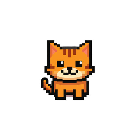 A pixelated orange tabby cat sits cheerfully against a white background. This digital artwork...
