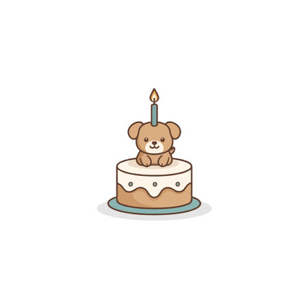 An endearing cartoon depiction showcases a charming puppy perched on a delightful cake with a lit candle. The illustration captures a joyous celebration or a special occasion, emphasizing theのイラスト素材