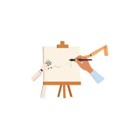 A stylized illustration depicts a hand holding a brush, poised to create on a blank canvas set upon a wooden easel, evokes a sense of artistry, inspiring viewers with its creative potential, invitesのイラスト素材