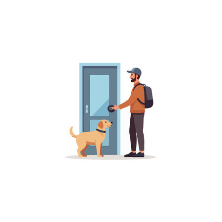 This vector art portrays a man entering his home with his dog, representing a moment of companionship, security, and the welcoming embrace of home. It showcases the bond between humans and animals,のイラスト素材
