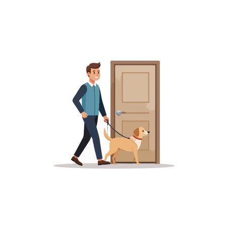 A cheerful man is taking his golden retriever for a walk from his house, showing their bond. They enjoy their time together, with the dog as a friend. This illustration highlights simple joys, theのイラスト素材