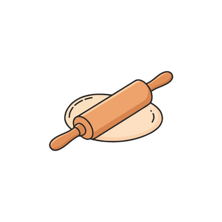 A simple illustration shows a wooden rolling pin resting on a circle of dough ready to be flattened and rolled out. A visual representation of cooking preparation and the baking process in theのイラスト素材