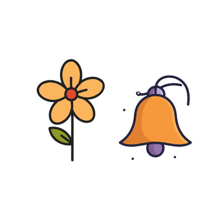 The image presents a simplistic representation of a floral blossom and a ringing campanile. Utilizing a minimalist approach, the illustration is created with clean lines and bright colors, whichのイラスト素材