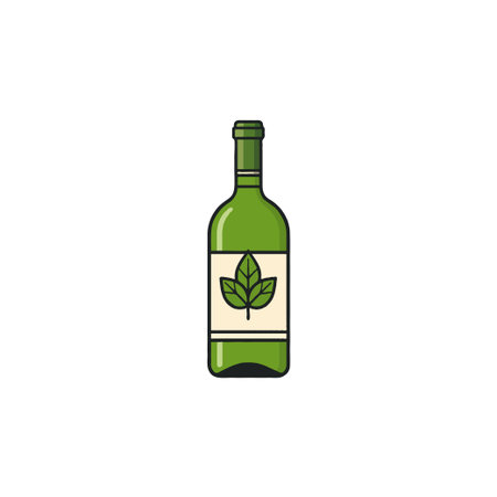 This illustration presents a green wine bottle, enhanced by a leaf label, symbolizing natural and organic ingredients. Its minimalist style and vibrant color make it ideal for packaging designs andのイラスト素材